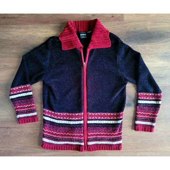 Vintage ERIKA Petite Womens Size PS Knit Cardigan Full Zip Sweater Black Stripes - Picture 9 of 16